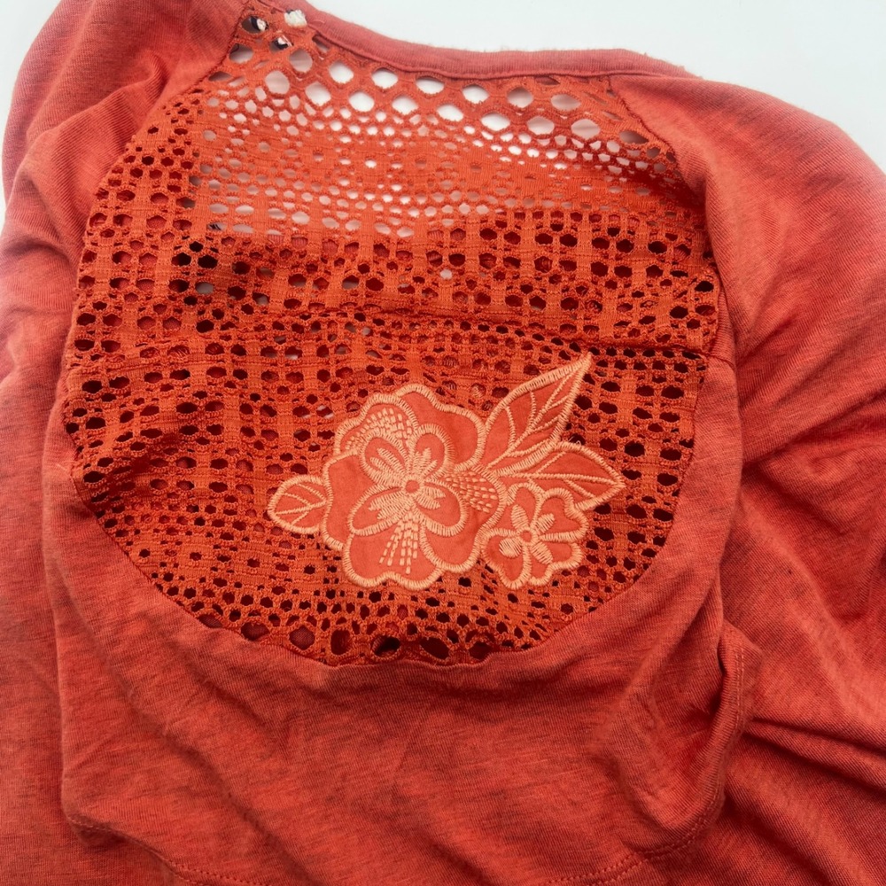 Rewind Womens Rust Orange Crochet Lace Floral Shoulder Knot Front Top Medium - Picture 7 of 10